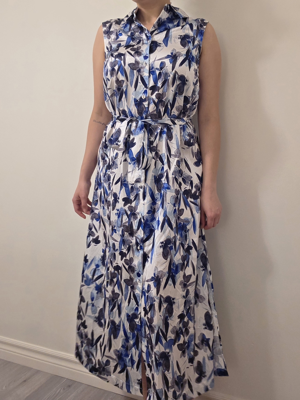 DKNY White Maxi Shirt Dress with Blue Floral Print